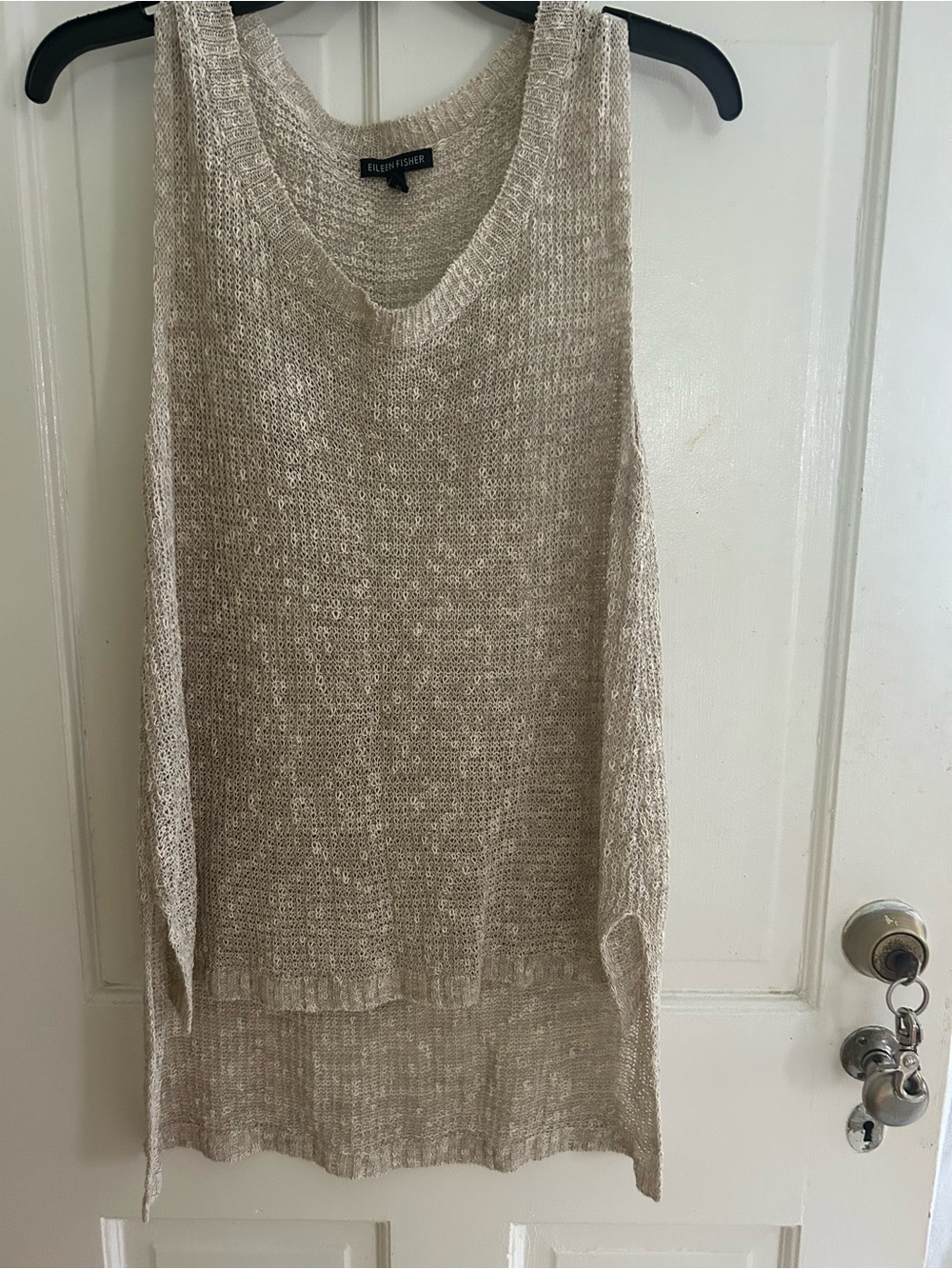 Eileen Fisher Soft Beige Open-Knit V-Neck Sleeveless Tunic